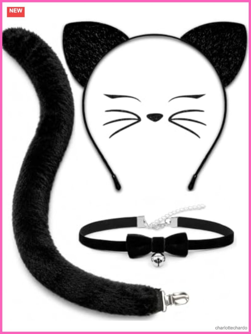 Cat Ears Headband Tail Bell Collar Set Plush Halloween Costume Accessory